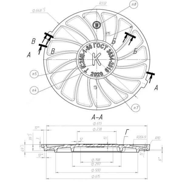 Люк чугунный канализационный тип Т с250